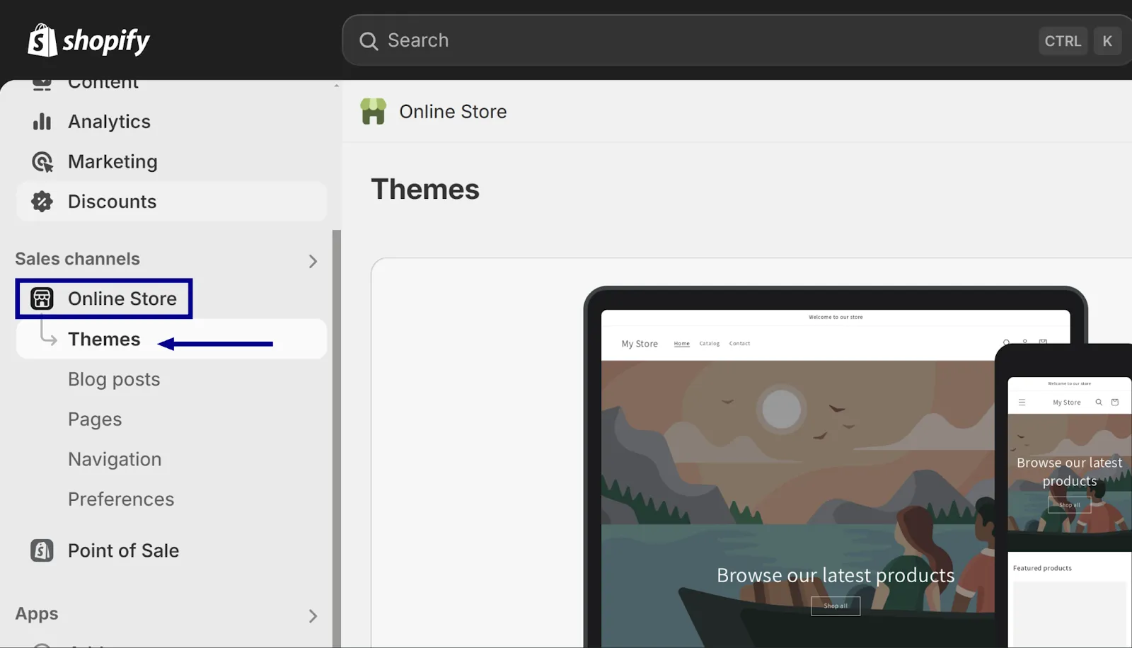 navigate to Online Store, then select “Themes.”
